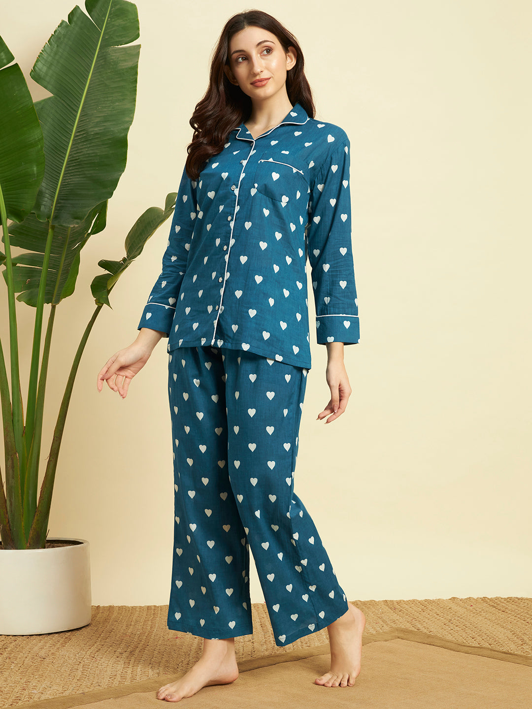 💙 Women Heart Printed Cotton Night Suit Set – Teal Blue Sleepwear