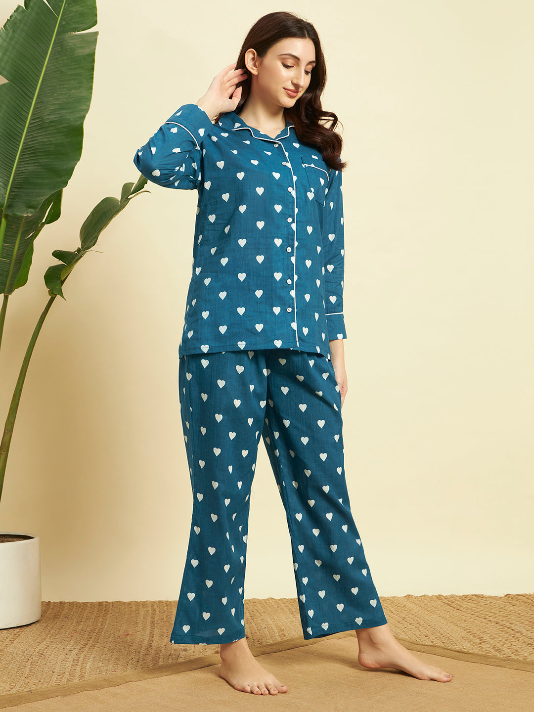 💙 Women Heart Printed Cotton Night Suit Set – Teal Blue Sleepwear