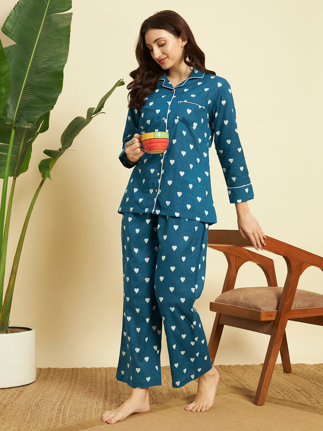 💙 Women Heart Printed Cotton Night Suit Set – Teal Blue Sleepwear