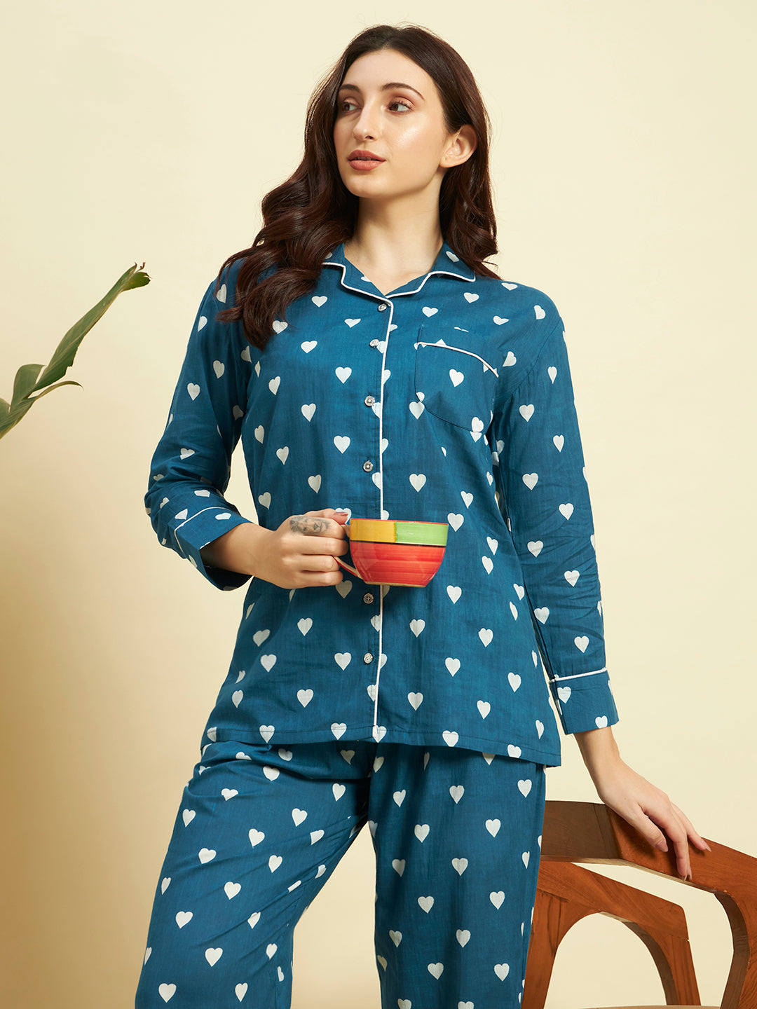 💙 Women Heart Printed Cotton Night Suit Set – Teal Blue Sleepwear