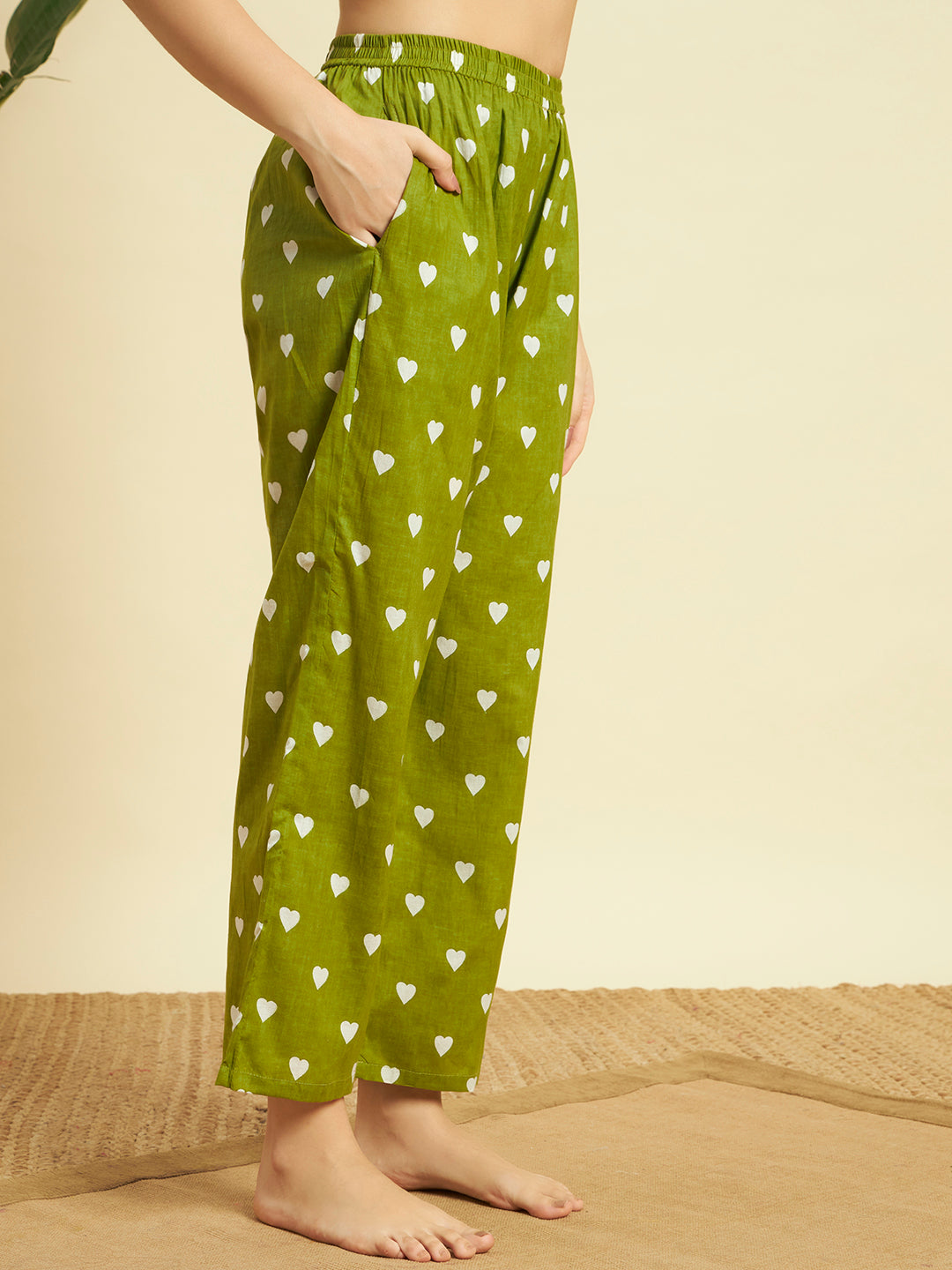 Women's Heart Printed Cotton Night Suit Set – Olive Green Sleepwear