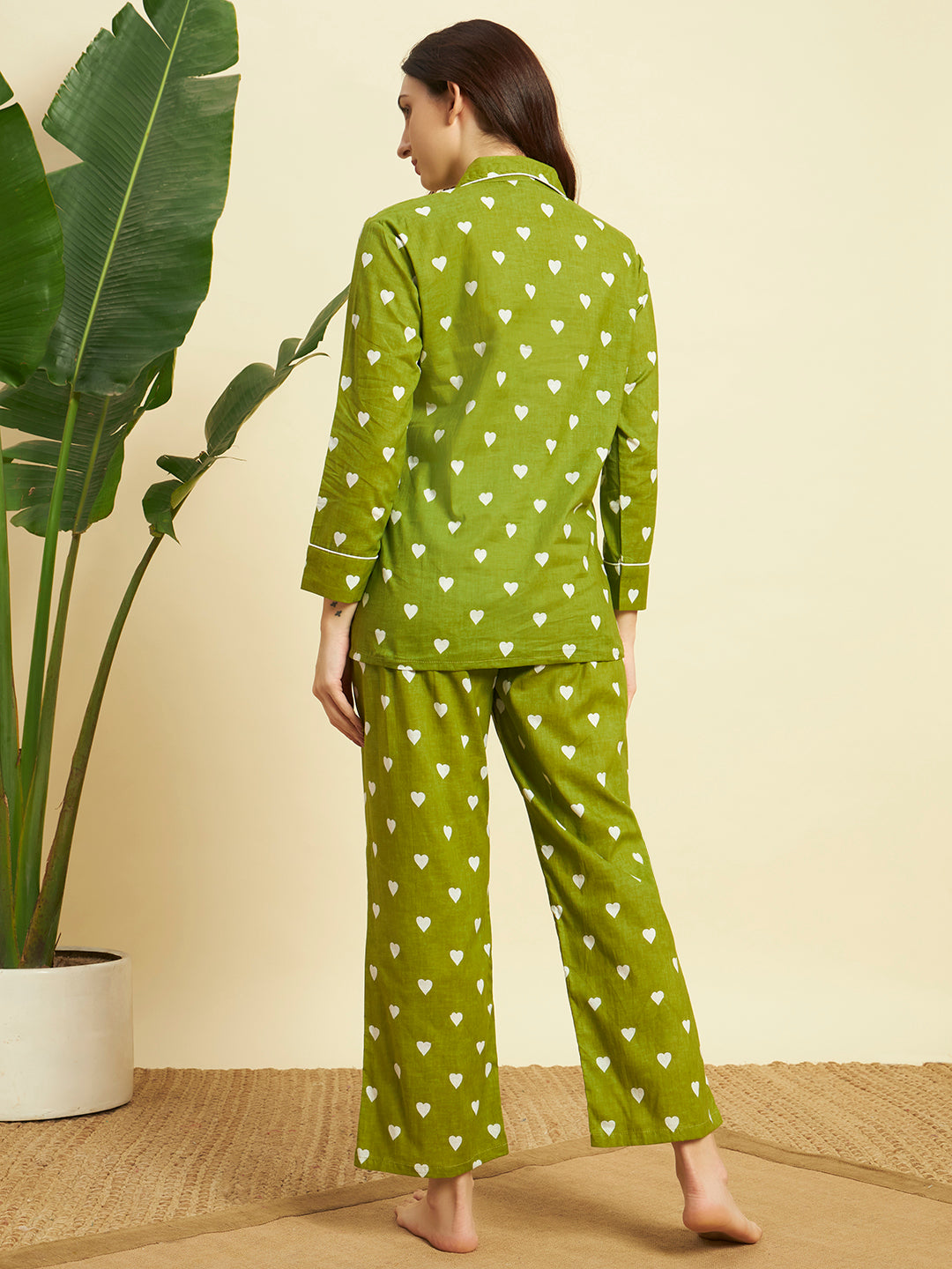 Women's Heart Printed Cotton Night Suit Set – Olive Green Sleepwear