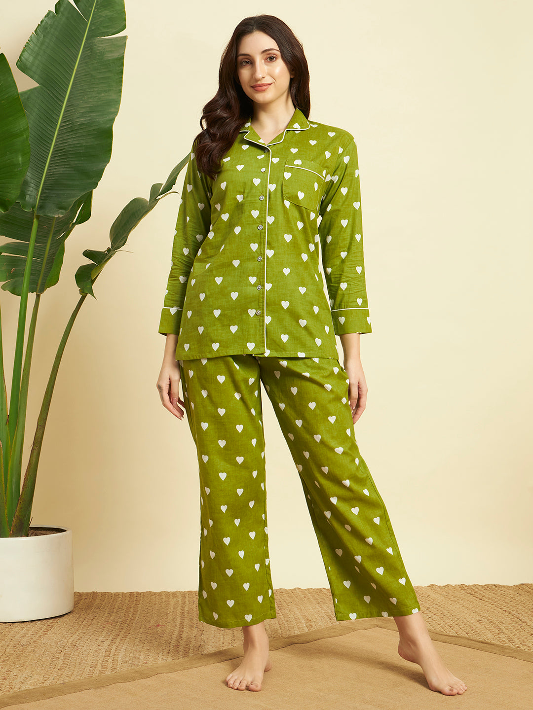 Women's Heart Printed Cotton Night Suit Set – Olive Green Sleepwear