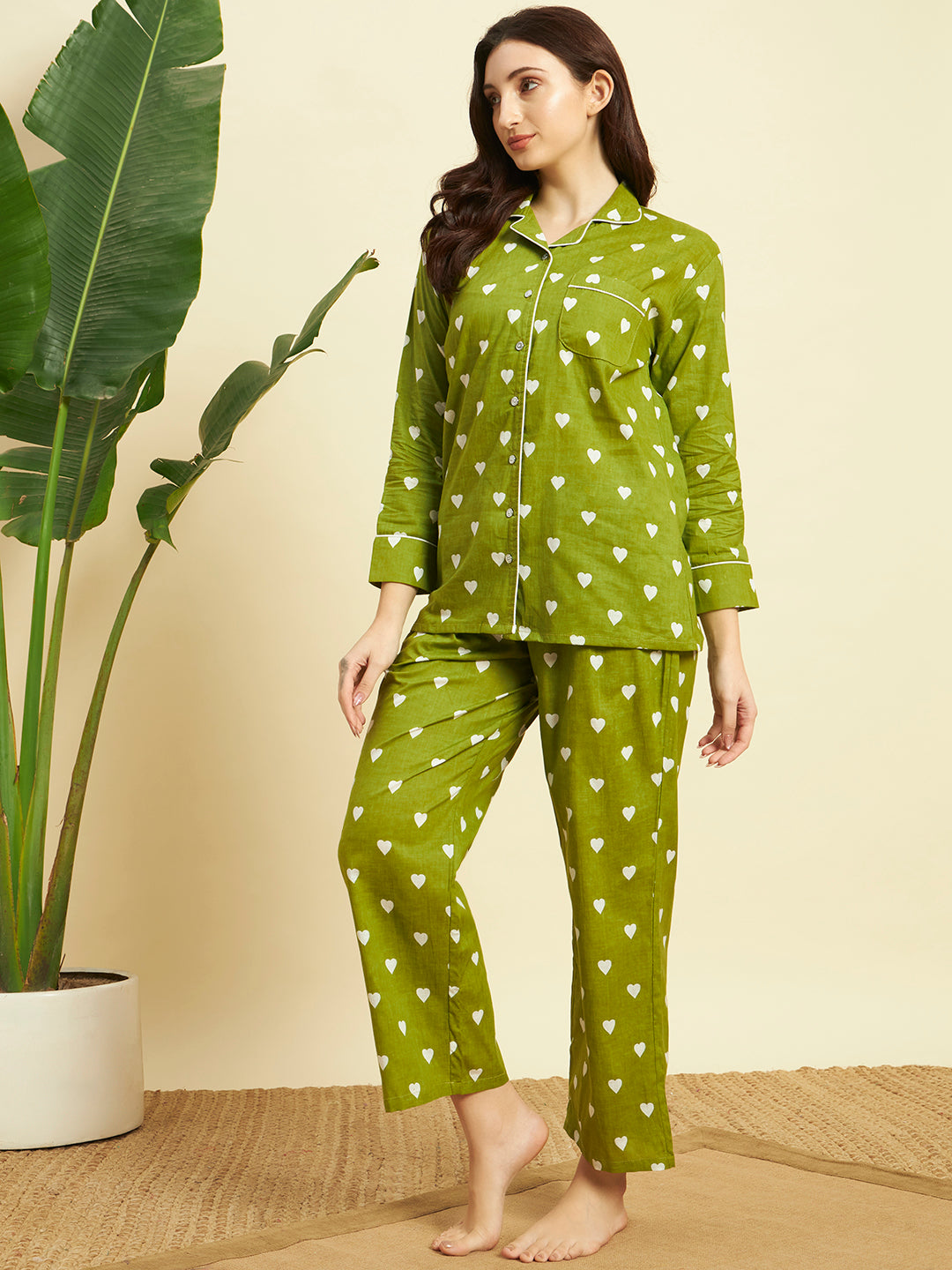 Women's Heart Printed Cotton Night Suit Set – Olive Green Sleepwear