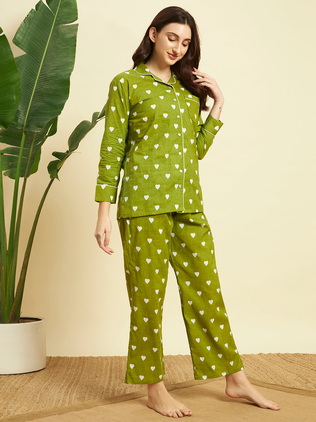 Women's Heart Printed Cotton Night Suit Set – Olive Green Sleepwear