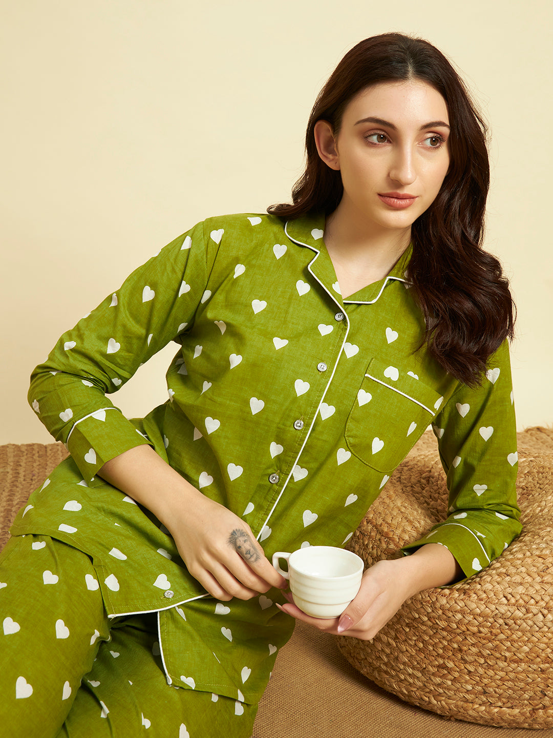 💚 Women Heart Printed Cotton Night Suit Set – Olive Green Sleepwear