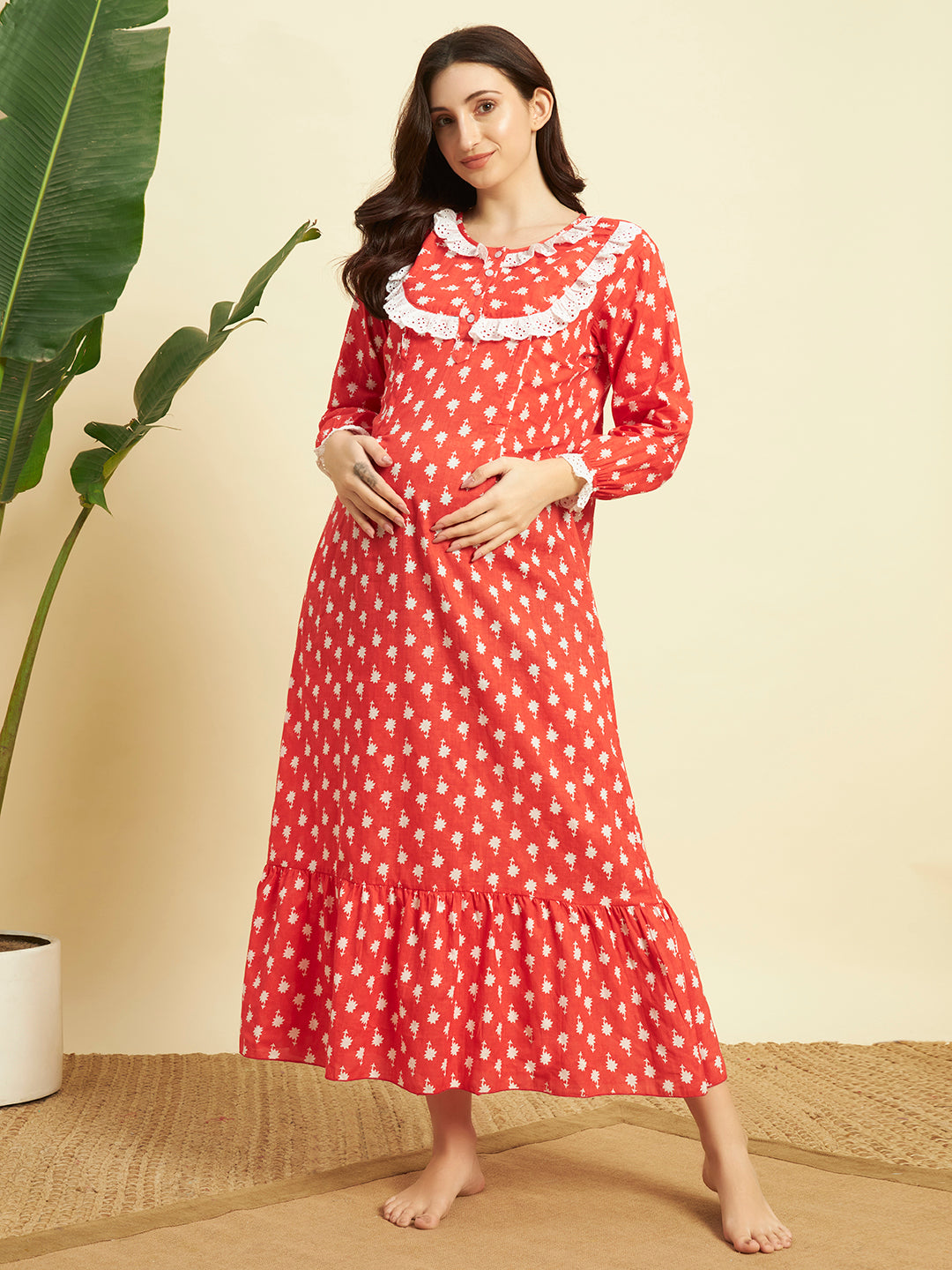 Women’s Cotton Printed Nighty – Red Floral Long Sleeve Night Gown
