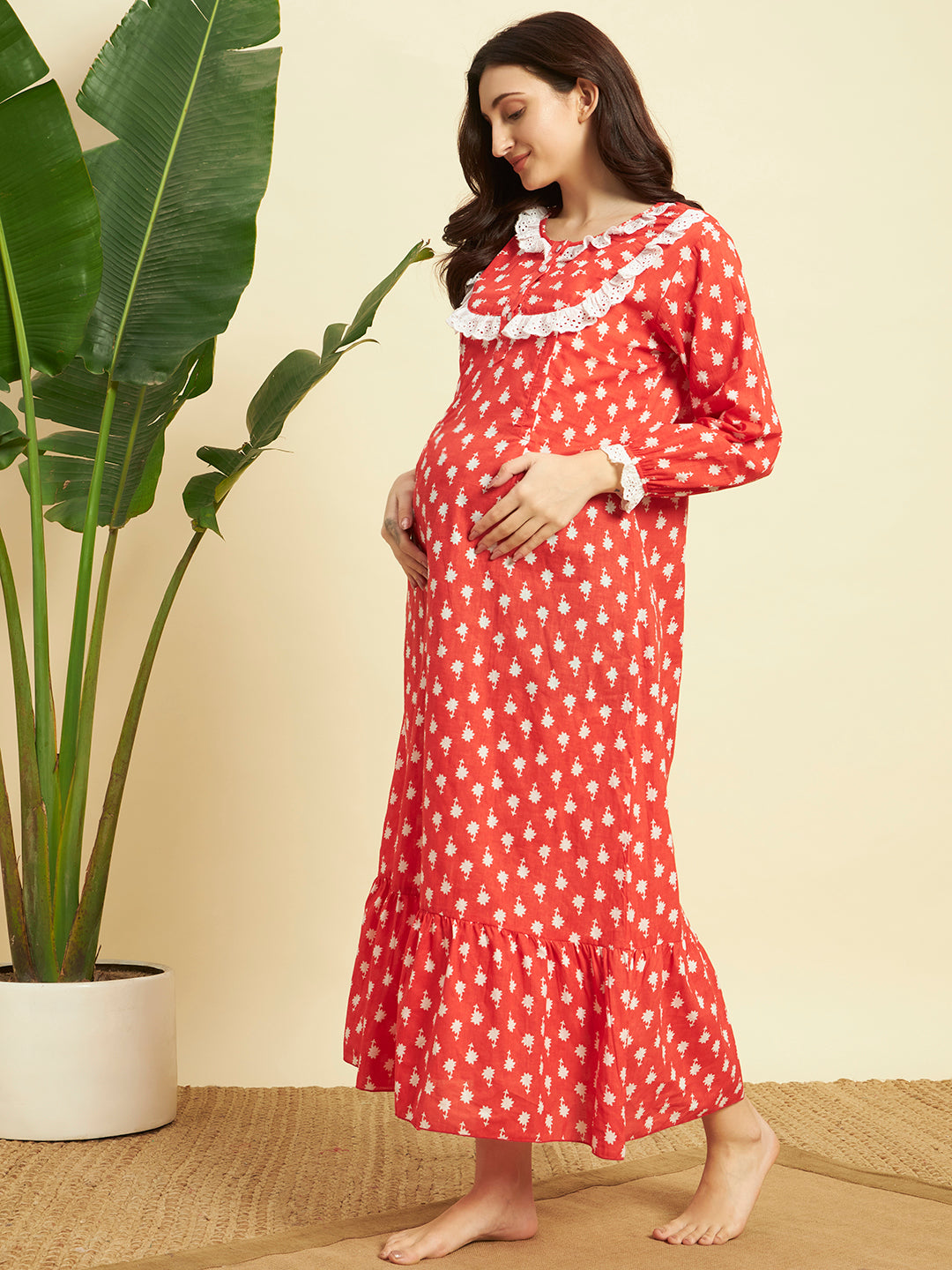 Women’s Cotton Printed Nighty – Red Floral Long Sleeve Night Gown
