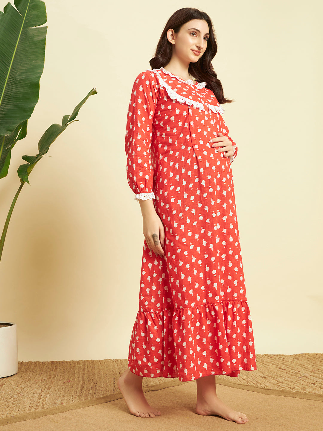 Women’s Cotton Printed Nighty – Red Floral Long Sleeve Night Gown