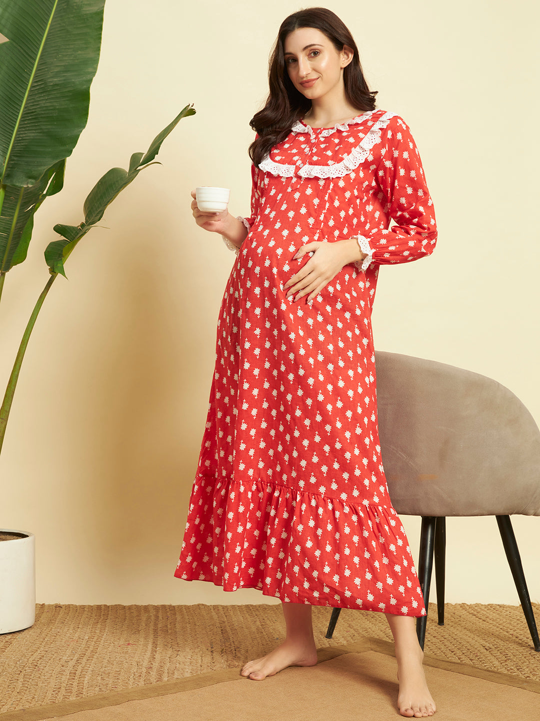 Women’s Cotton Printed Nighty – Red Floral Long Sleeve Night Gown