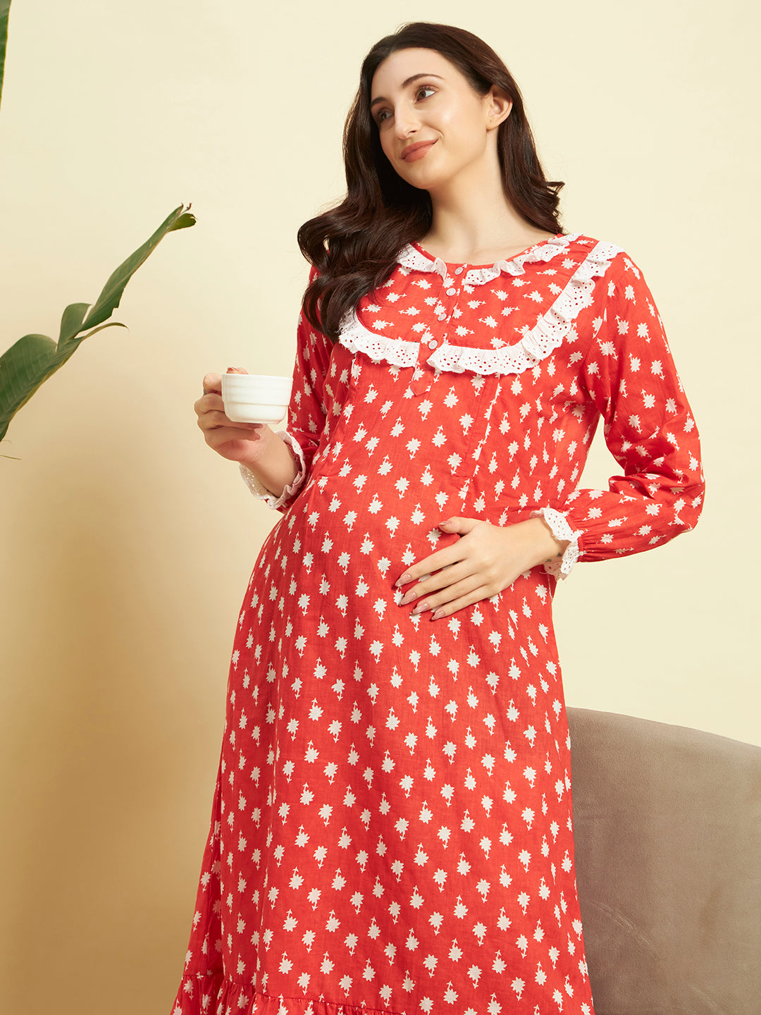 Women’s Cotton Printed Nighty – Red Floral Long Sleeve Night Gown