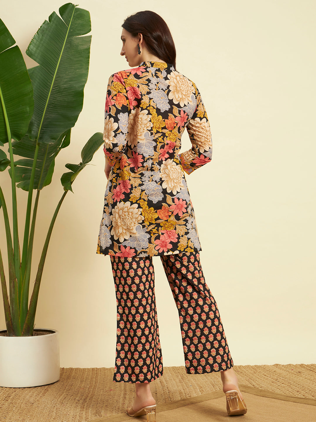 Women’s Black Floral Printed Kurta Set with Flared Pants