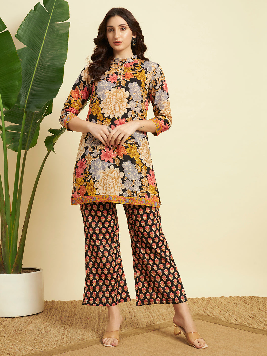 Women’s Black Floral Printed Kurta Set with Flared Pants