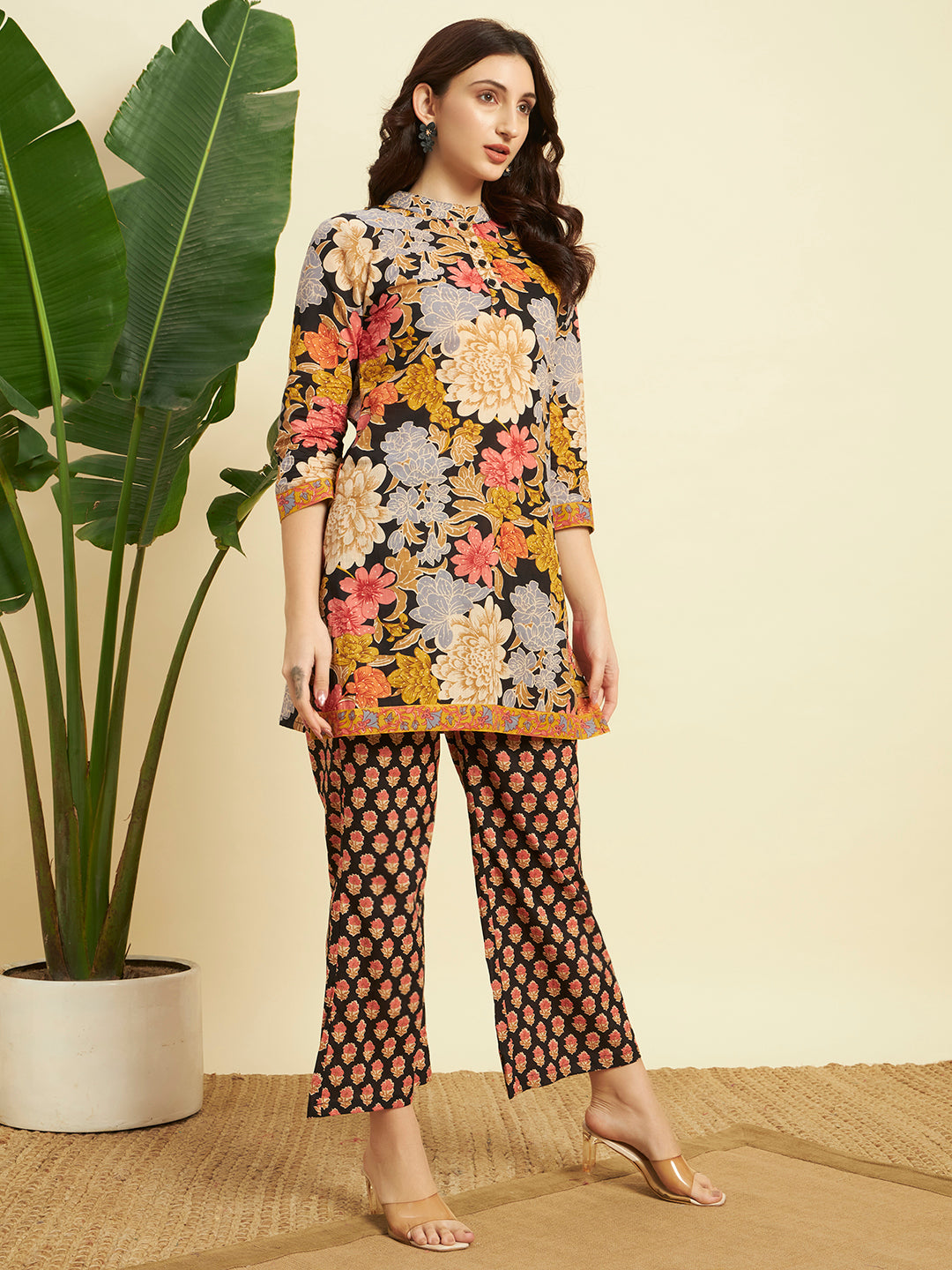 Women’s Black Floral Printed Kurta Set with Flared Pants