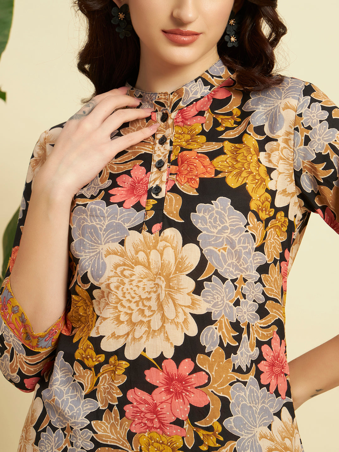 Women’s Black Floral Printed Kurta Set with Flared Pants