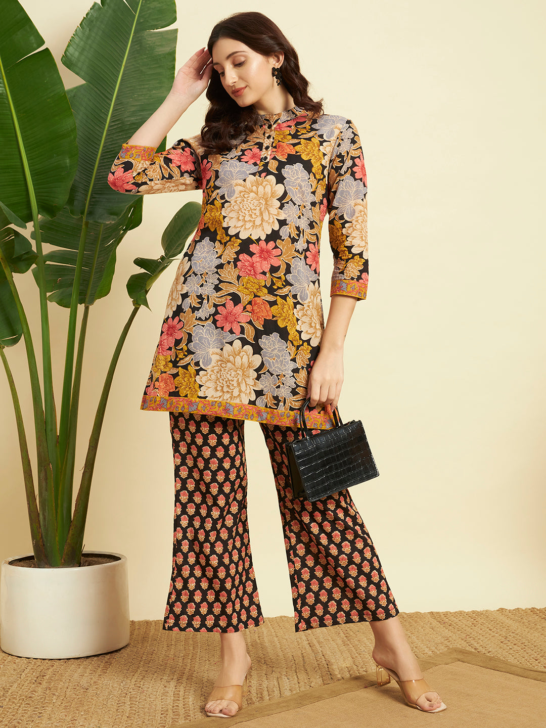 Women’s Black Floral Printed Kurta Set with Flared Pants