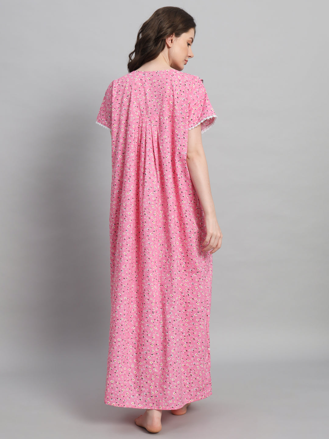 🌸 Pink Floral Printed Cotton Night Gown with Lace Neck – Comfortable Maxi Nightwear for Women