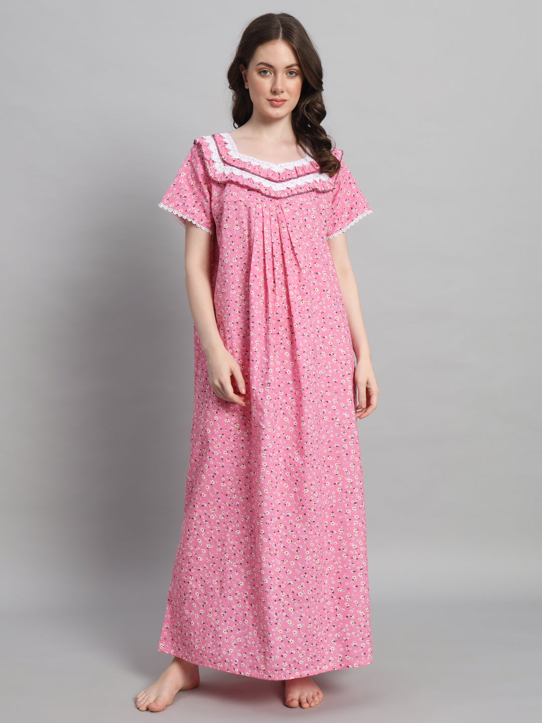🌸 Pink Floral Printed Cotton Night Gown with Lace Neck – Comfortable Maxi Nightwear for Women