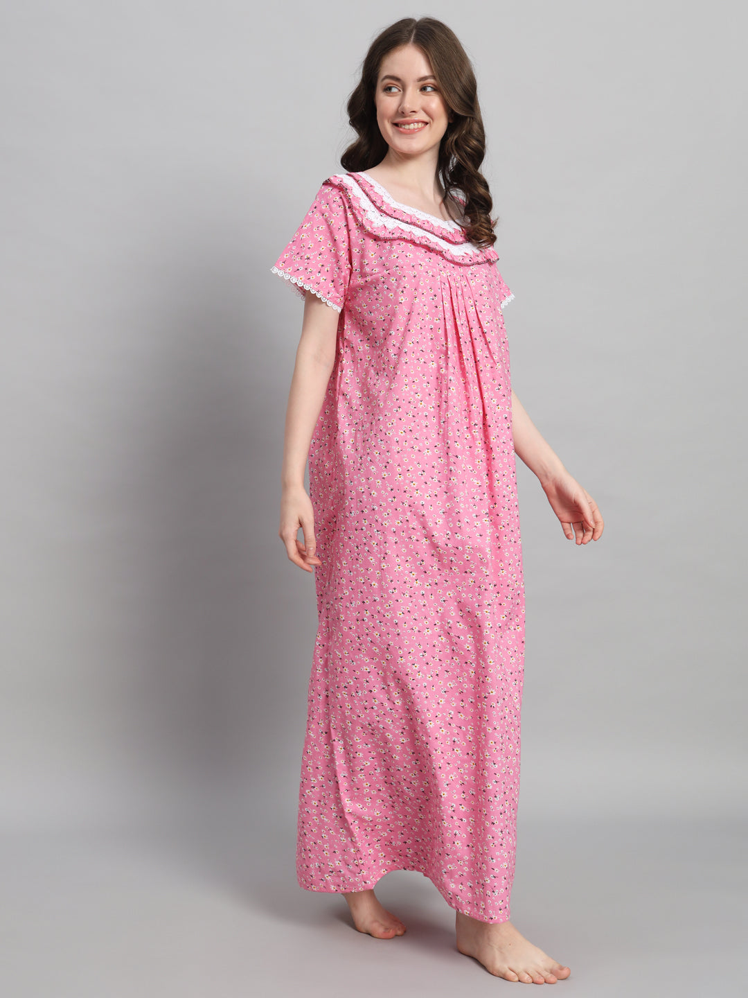 🌸 Pink Floral Printed Cotton Night Gown with Lace Neck – Comfortable Maxi Nightwear for Women