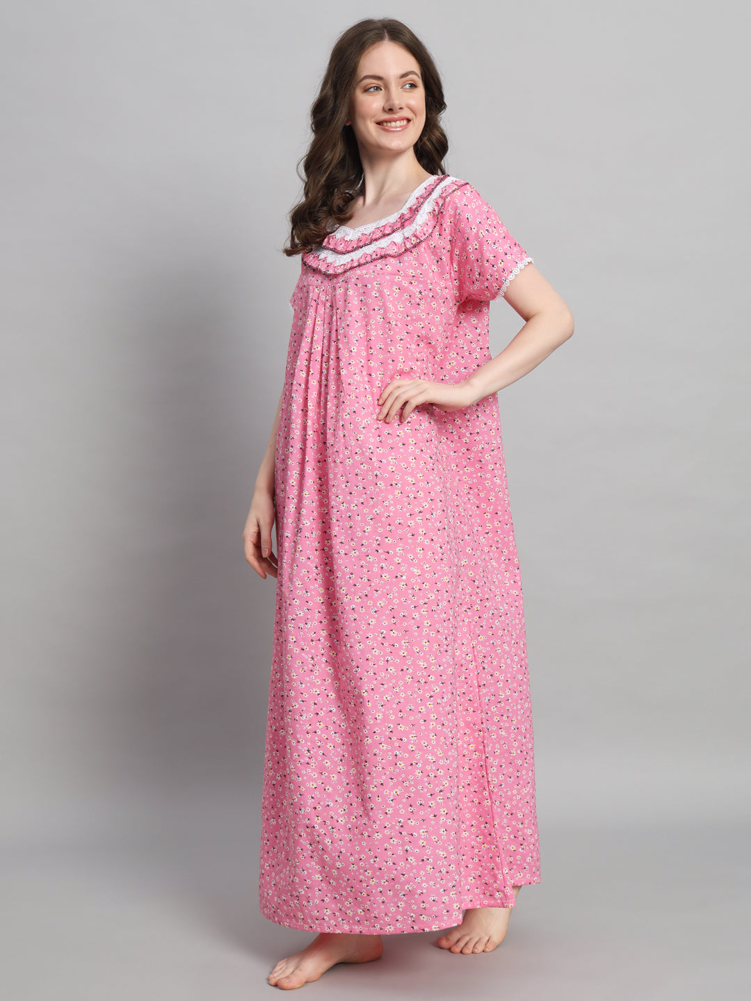 🌸 Pink Floral Printed Cotton Night Gown with Lace Neck – Comfortable Maxi Nightwear for Women