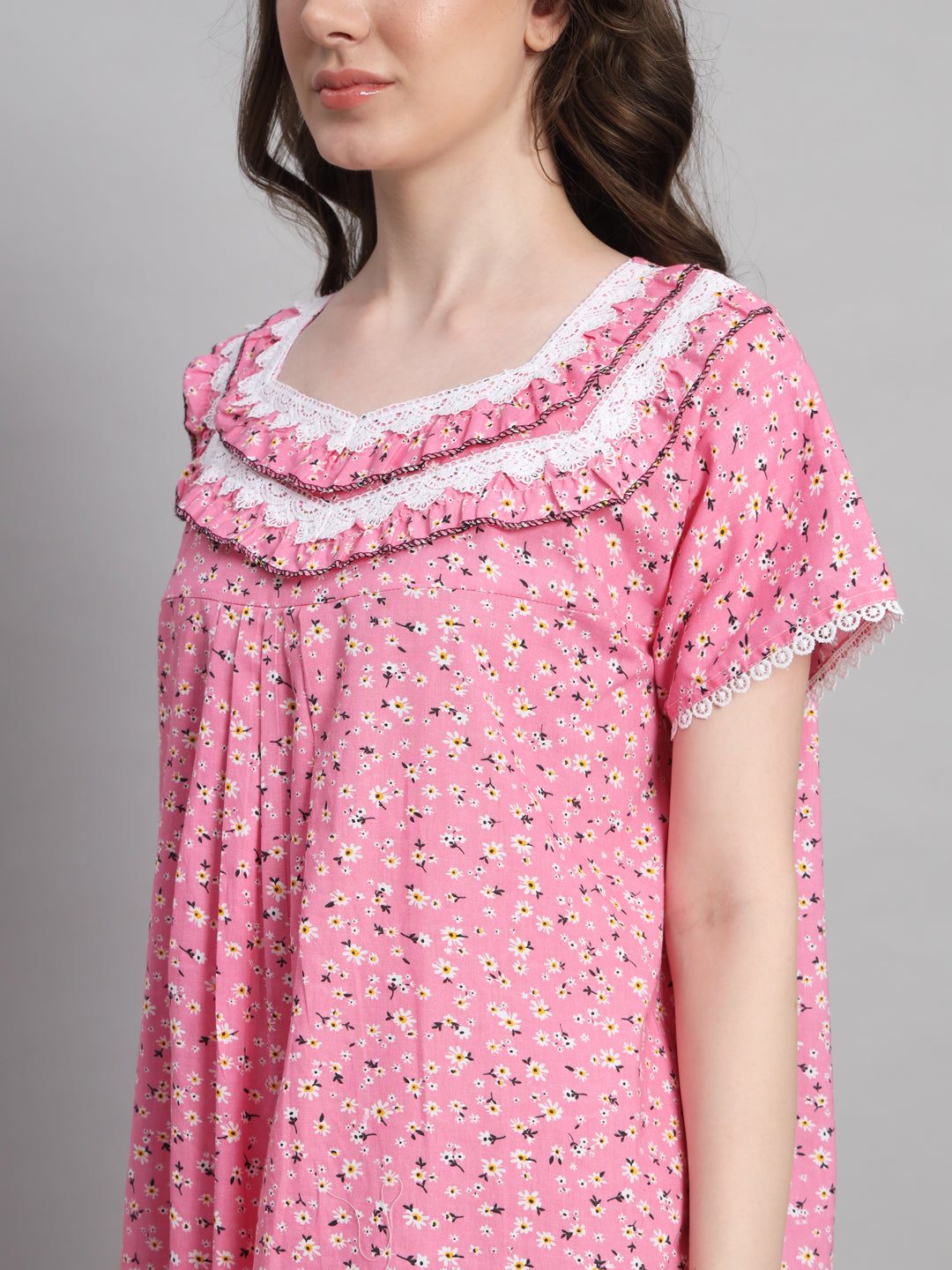 🌸 Pink Floral Printed Cotton Night Gown with Lace Neck – Comfortable Maxi Nightwear for Women