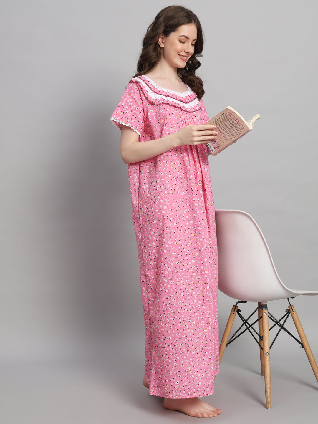 🌸 Pink Floral Printed Cotton Night Gown with Lace Neck – Comfortable Maxi Nightwear for Women