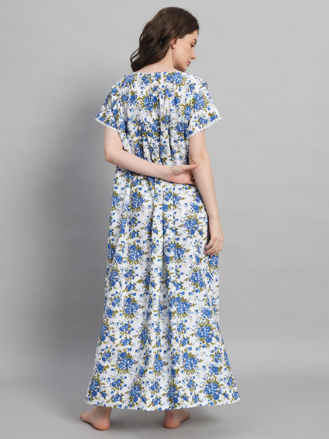 Blue Floral Printed Cotton Night Gown with Lace Detail – Elegant Maxi Nightwear
