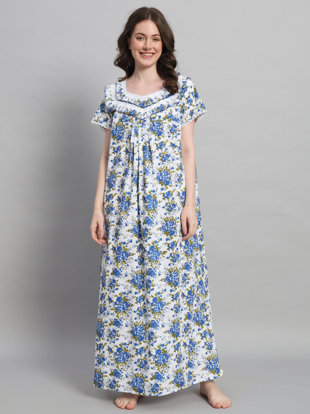 Blue Floral Printed Cotton Night Gown with Lace Detail – Elegant Maxi Nightwear