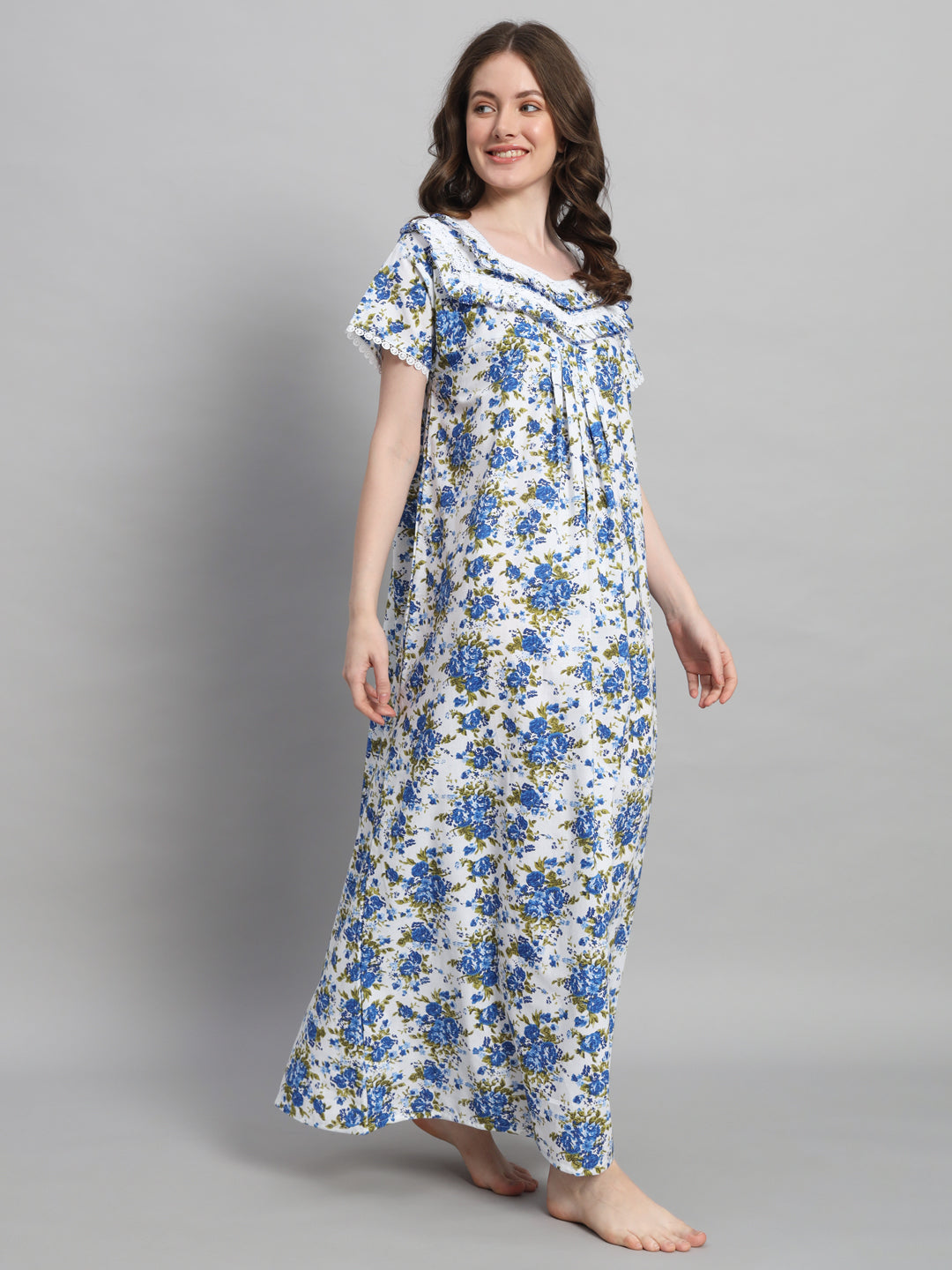 Blue Floral Printed Cotton Night Gown with Lace Detail – Elegant Maxi Nightwear