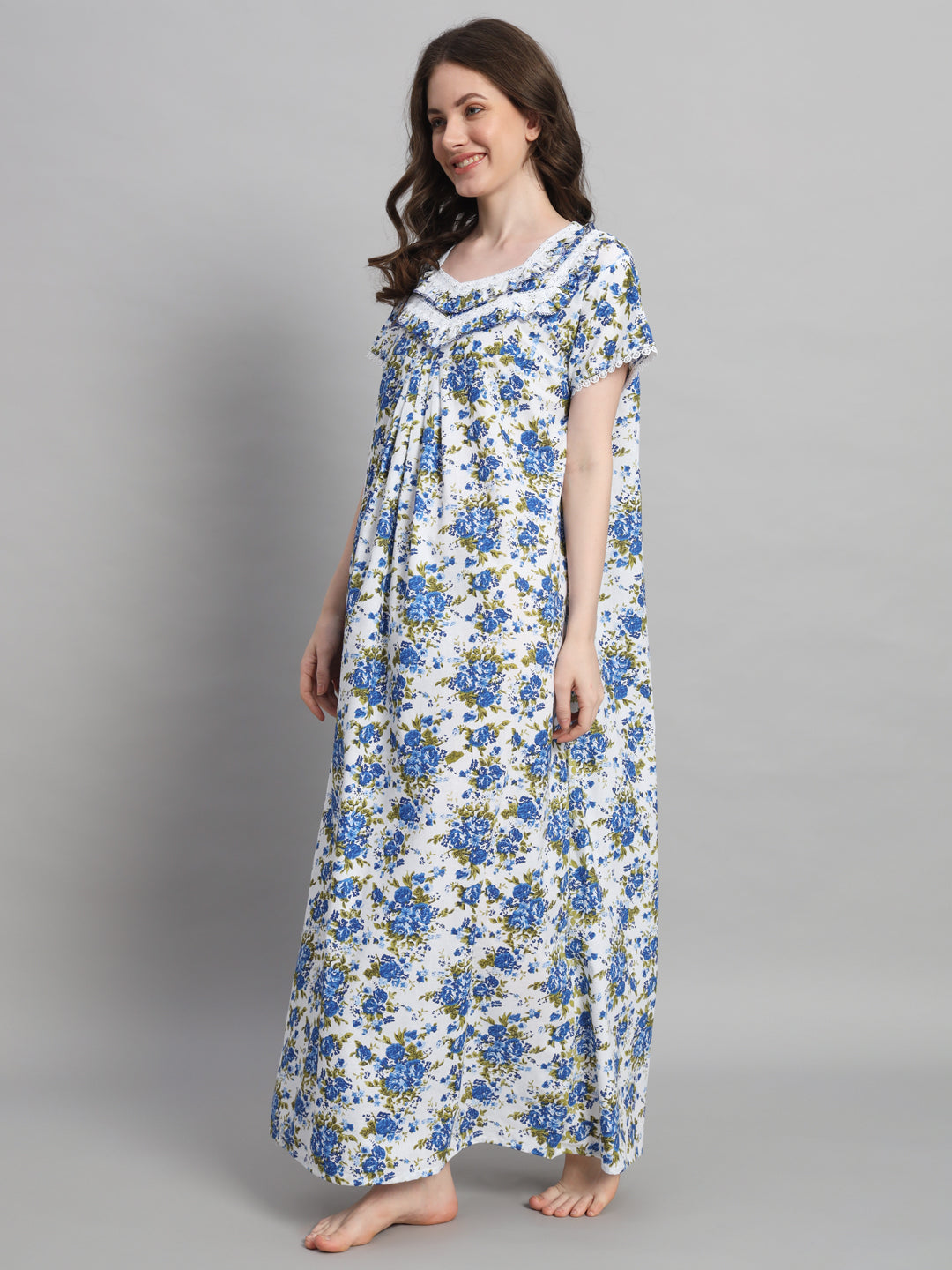 Blue Floral Printed Cotton Night Gown with Lace Detail – Elegant Maxi Nightwear