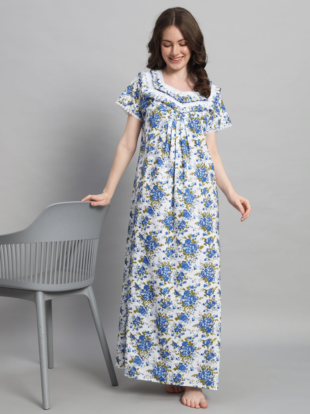 Blue Floral Printed Cotton Night Gown with Lace Detail – Elegant Maxi Nightwear