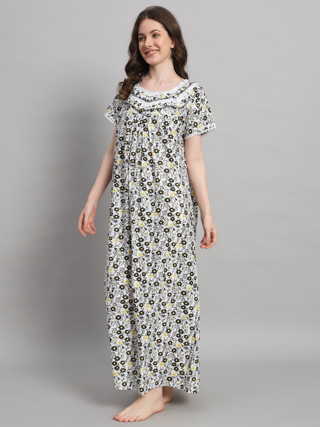 🌼 White Floral Printed Cotton Night Gown with Lace Detail – Elegant Maxi Nightwear