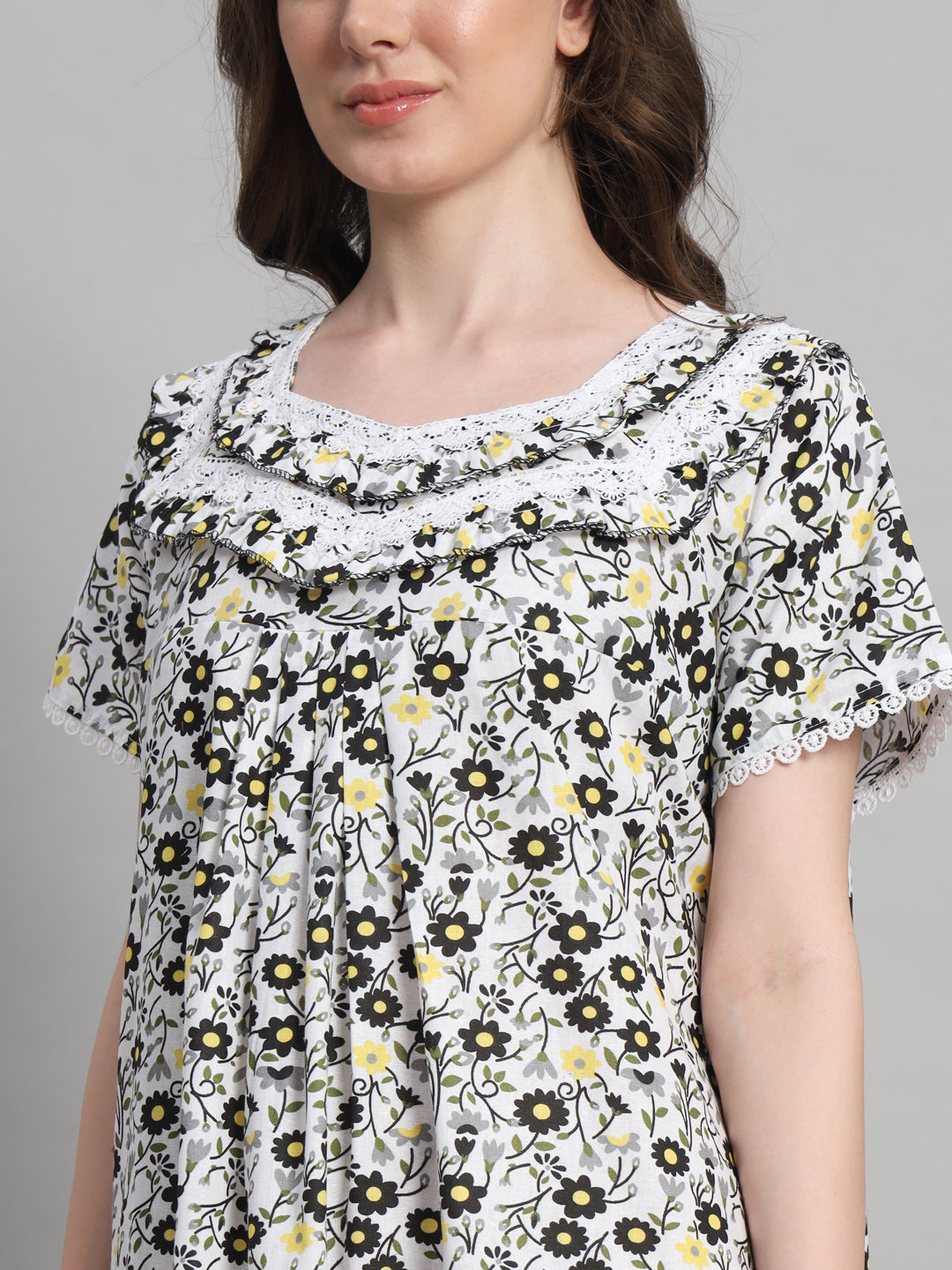 🌼 White Floral Printed Cotton Night Gown with Lace Detail – Elegant Maxi Nightwear