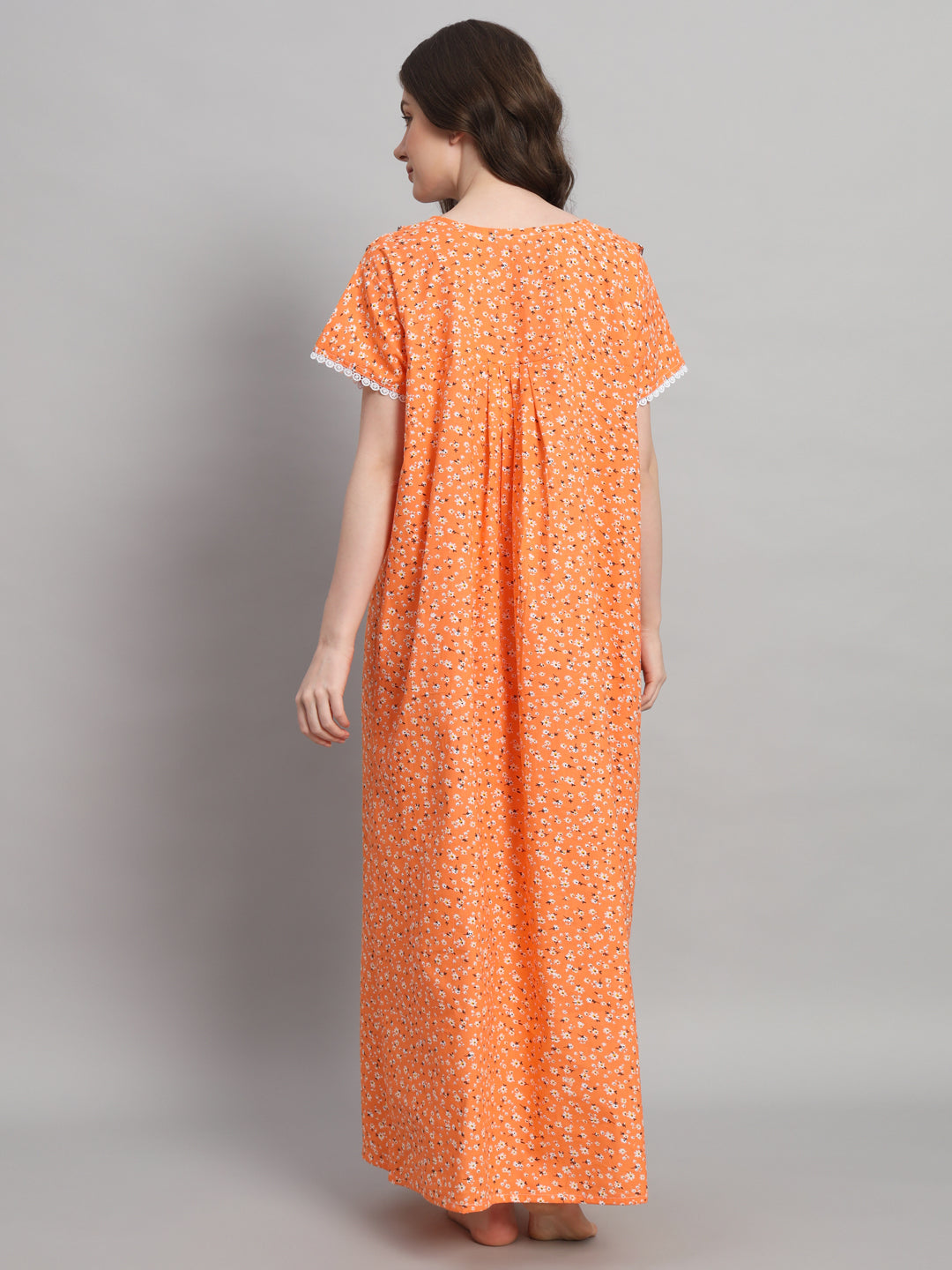 Orange Floral Printed Cotton Night Gown with Lace Neck – Comfortable Maxi Nighty for Women