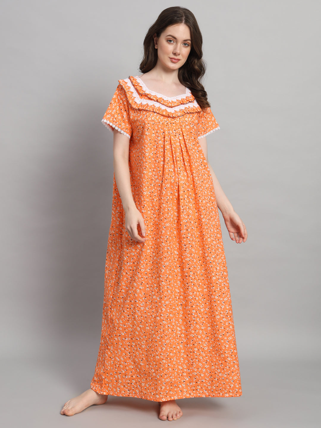 Orange Floral Printed Cotton Night Gown with Lace Neck – Comfortable Maxi Nighty for Women