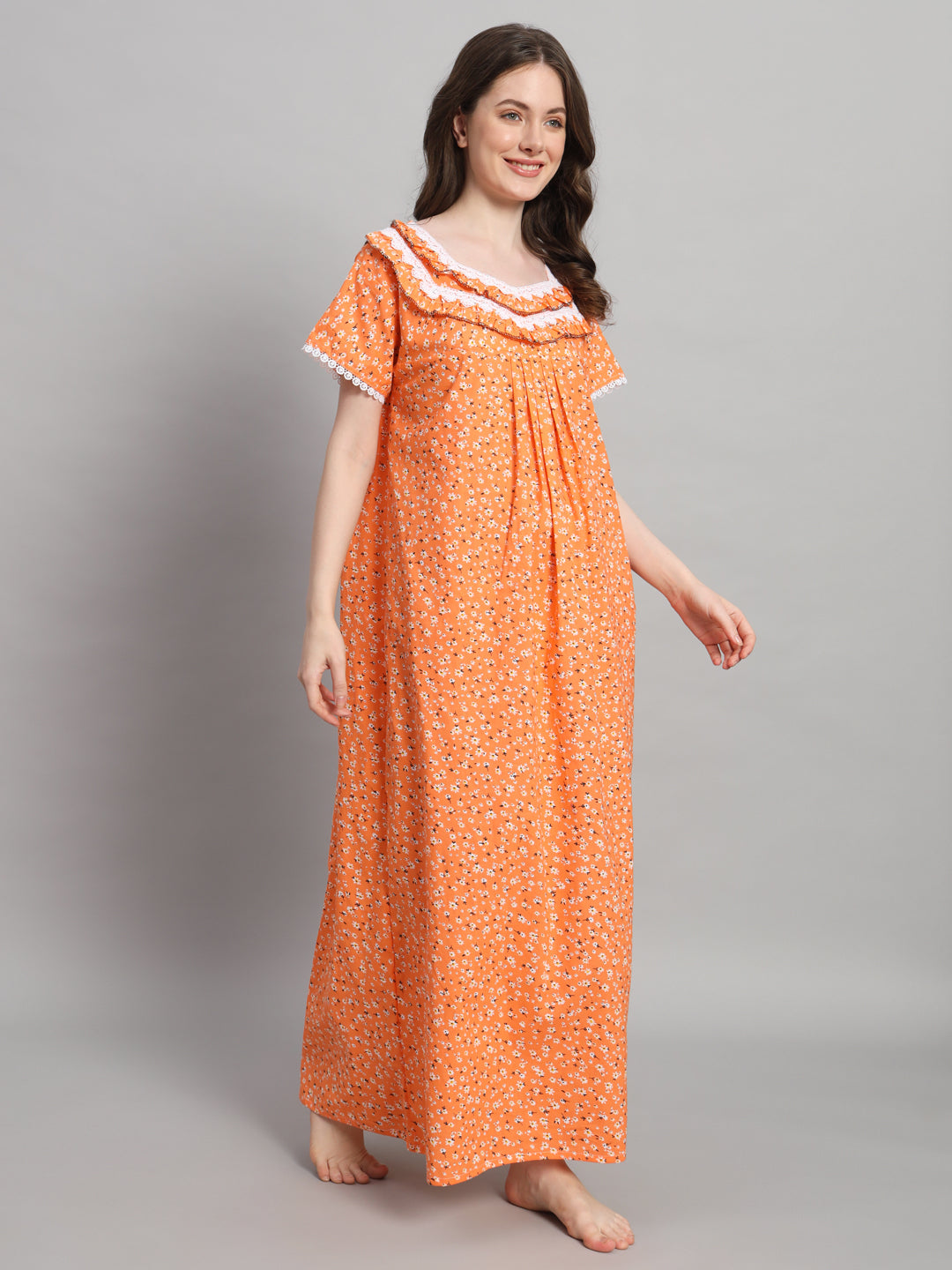 Orange Floral Printed Cotton Night Gown with Lace Neck – Comfortable Maxi Nighty for Women
