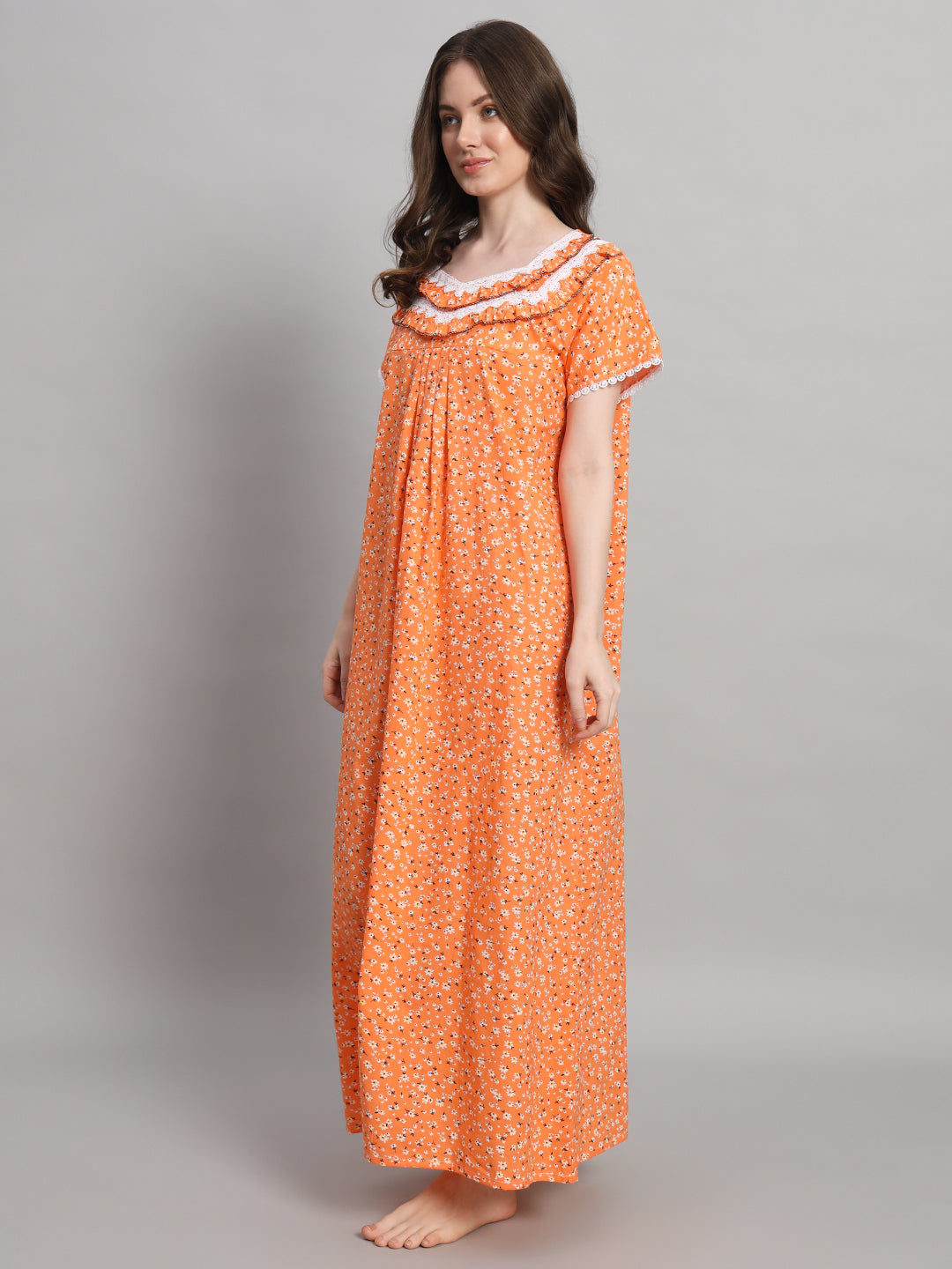 Orange Floral Printed Cotton Night Gown with Lace Neck – Comfortable Maxi Nighty for Women