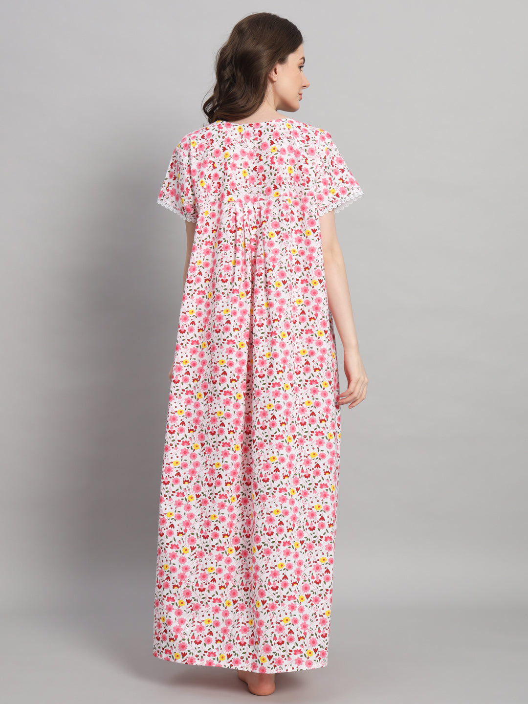 🌸 White & Pink Floral Printed Cotton Night Gown with Lace Neck – Comfortable Maxi Nightwear for Women