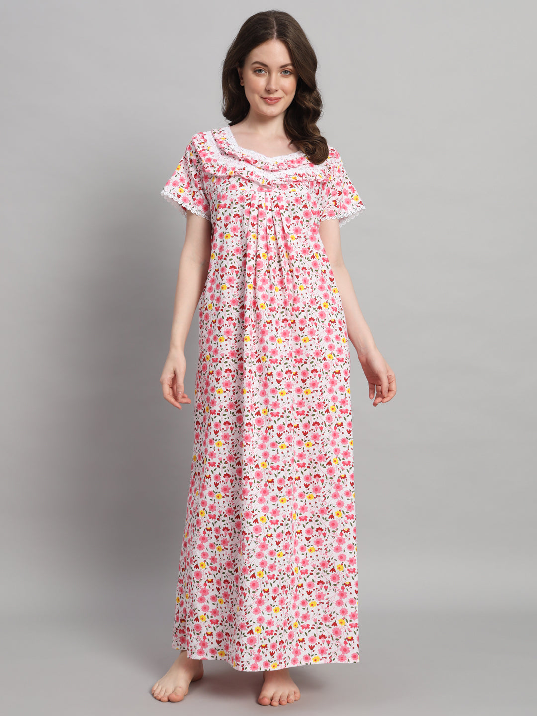 🌸 White & Pink Floral Printed Cotton Night Gown with Lace Neck – Comfortable Maxi Nightwear for Women