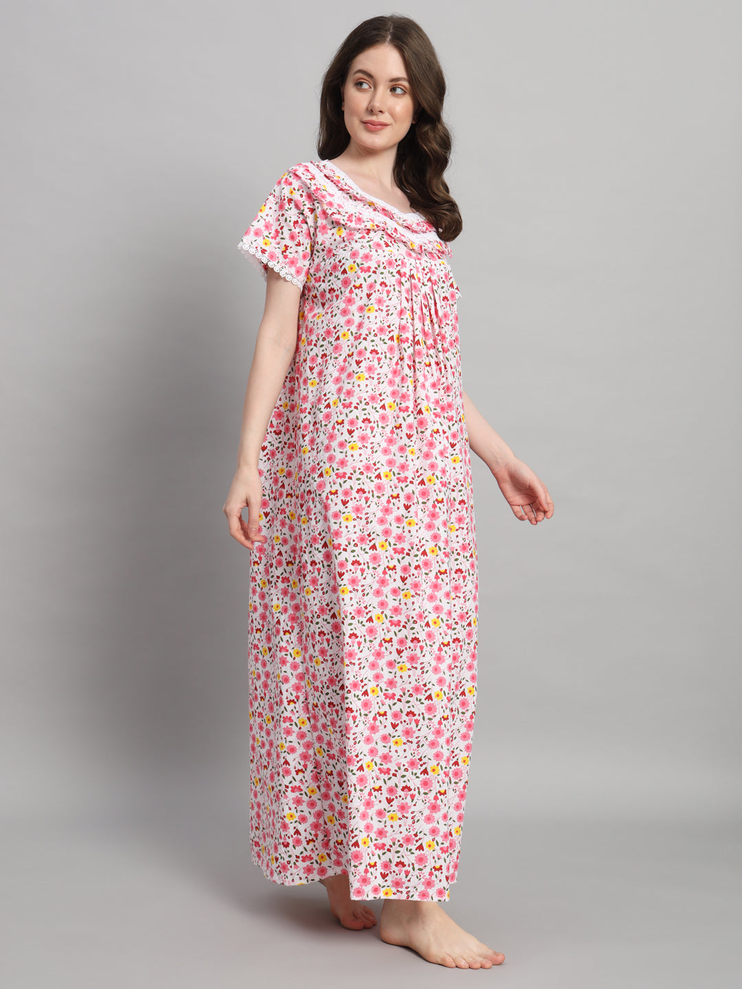 🌸 White & Pink Floral Printed Cotton Night Gown with Lace Neck – Comfortable Maxi Nightwear for Women