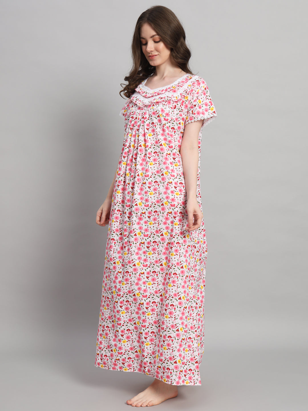 🌸 White & Pink Floral Printed Cotton Night Gown with Lace Neck – Comfortable Maxi Nightwear for Women