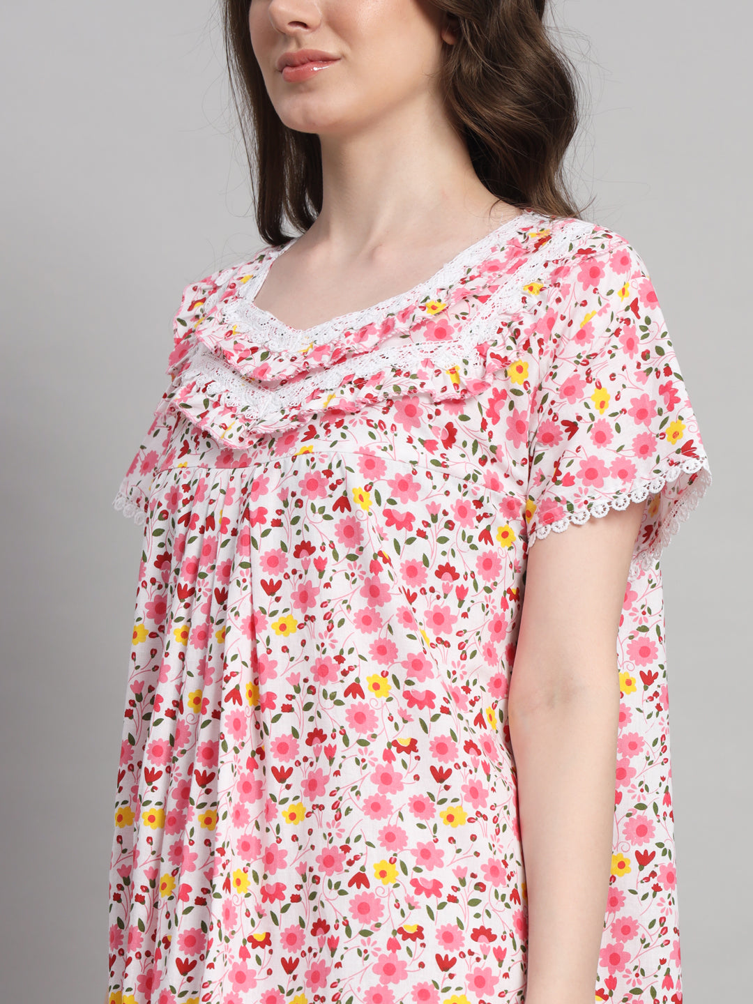 🌸 White & Pink Floral Printed Cotton Night Gown with Lace Neck – Comfortable Maxi Nightwear for Women