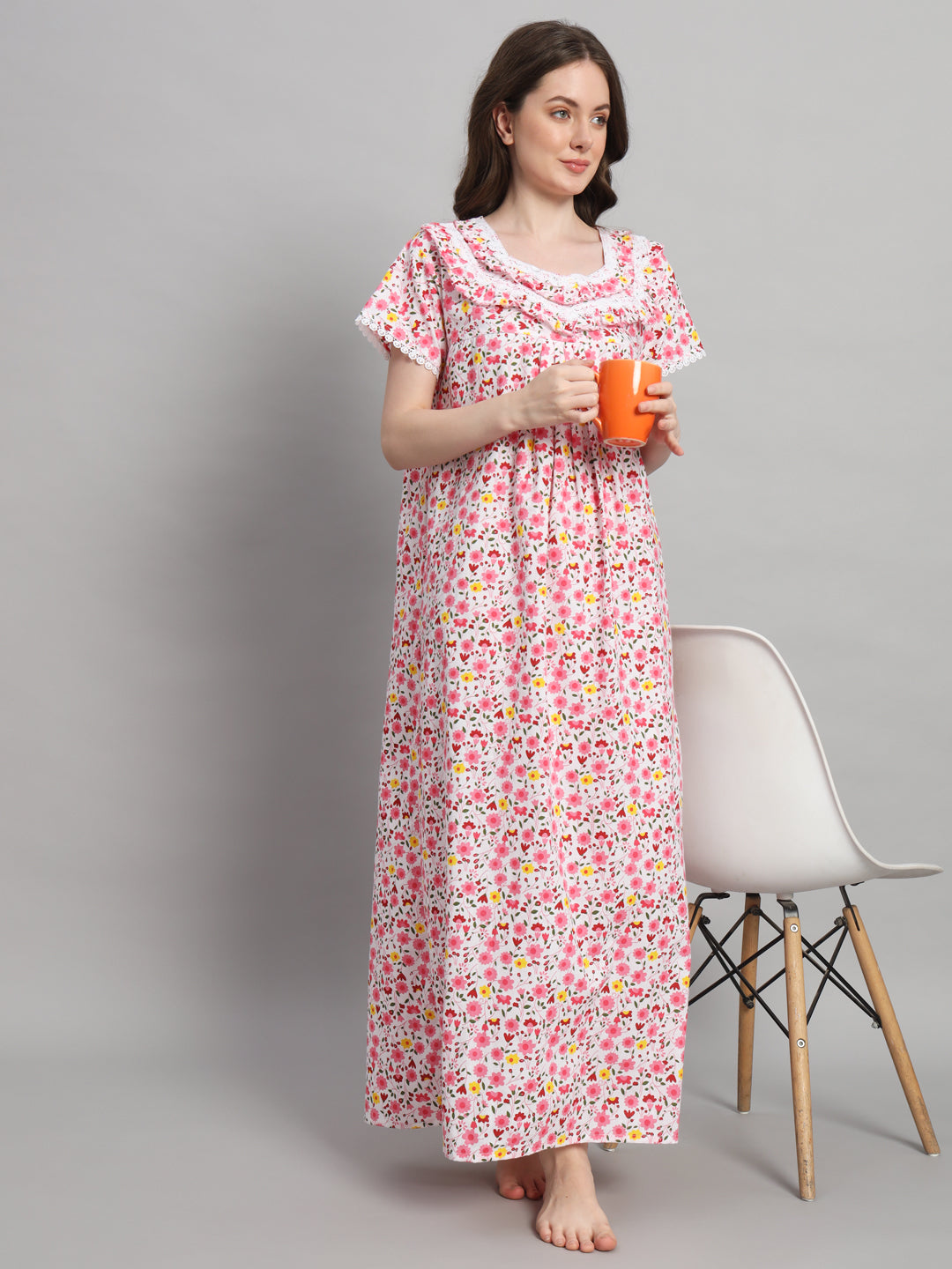 🌸 White & Pink Floral Printed Cotton Night Gown with Lace Neck – Comfortable Maxi Nightwear for Women