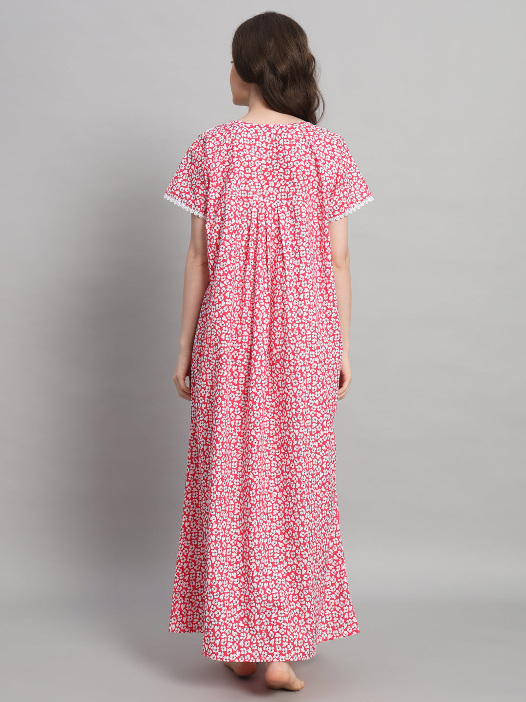 Red Floral Printed Cotton Night Gown with Lace Neck – Comfortable Maxi Nightwear for Women