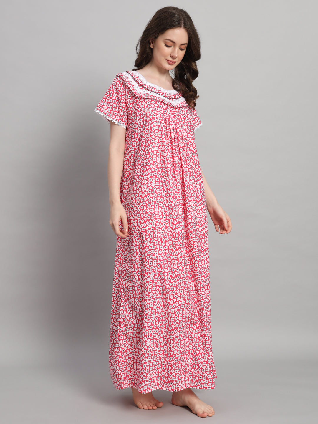 Red Floral Printed Cotton Night Gown with Lace Neck – Comfortable Maxi Nightwear for Women