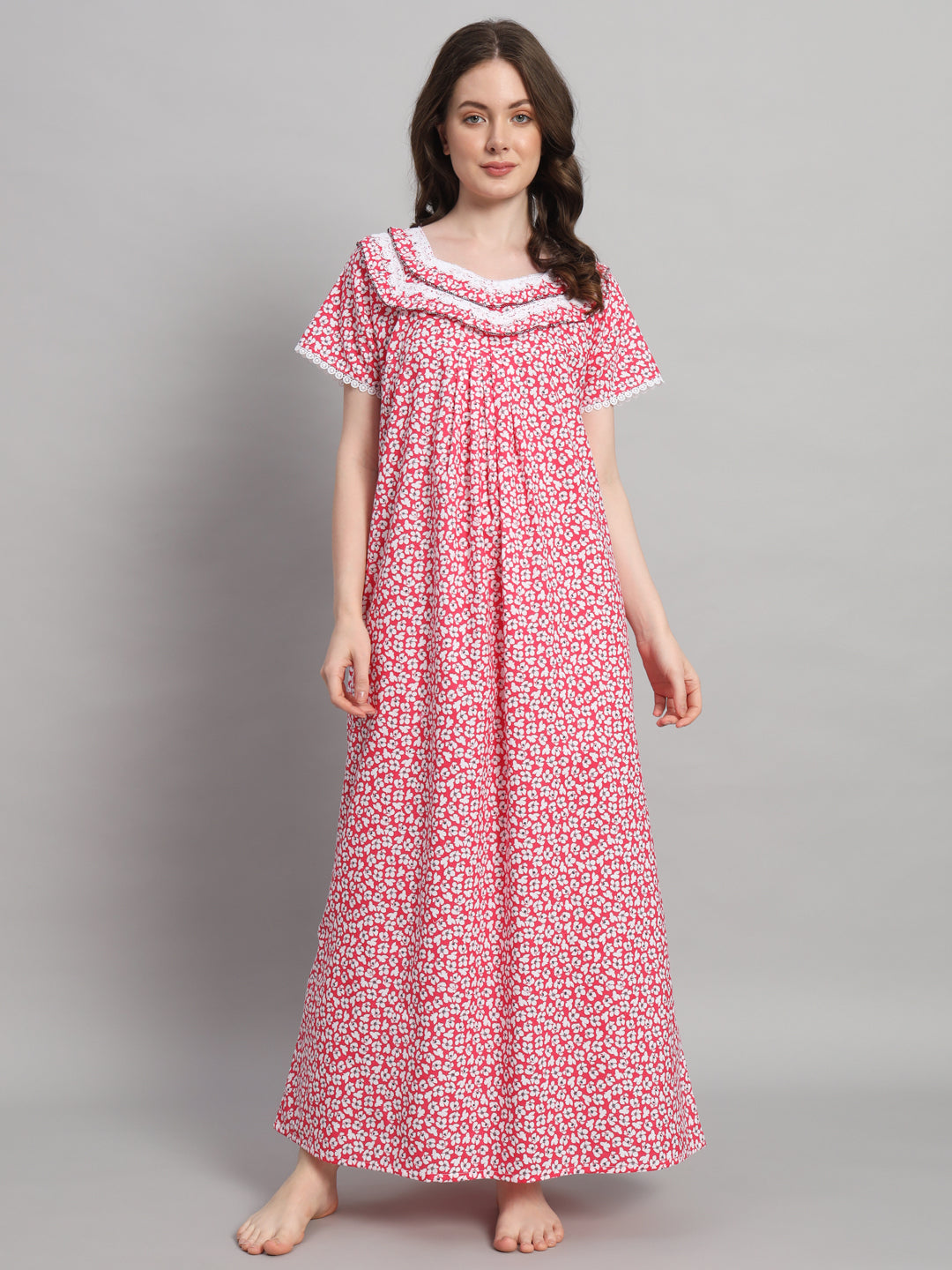 Red Floral Printed Cotton Night Gown with Lace Neck – Comfortable Maxi Nightwear for Women