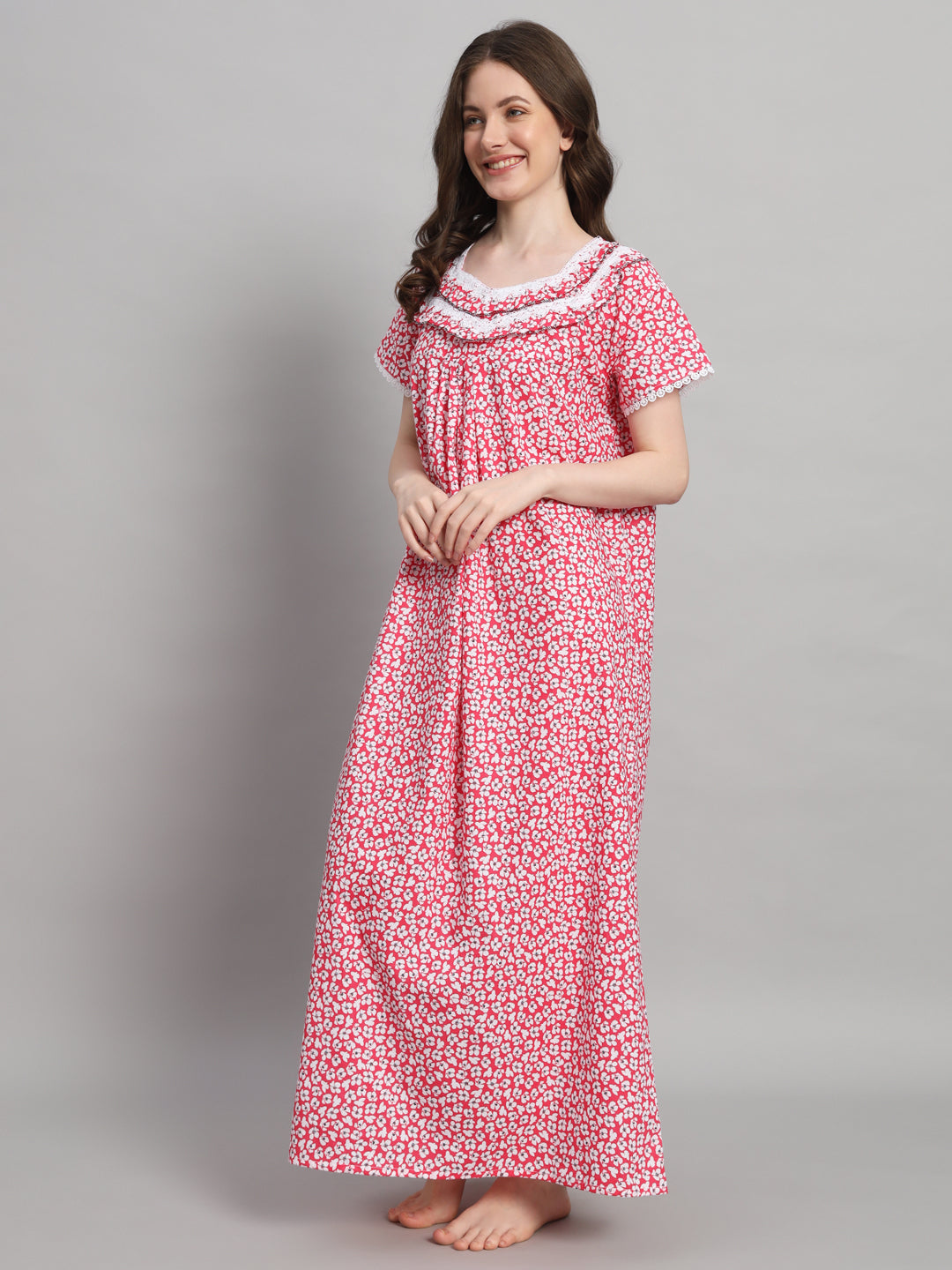 Red Floral Printed Cotton Night Gown with Lace Neck – Comfortable Maxi Nightwear for Women