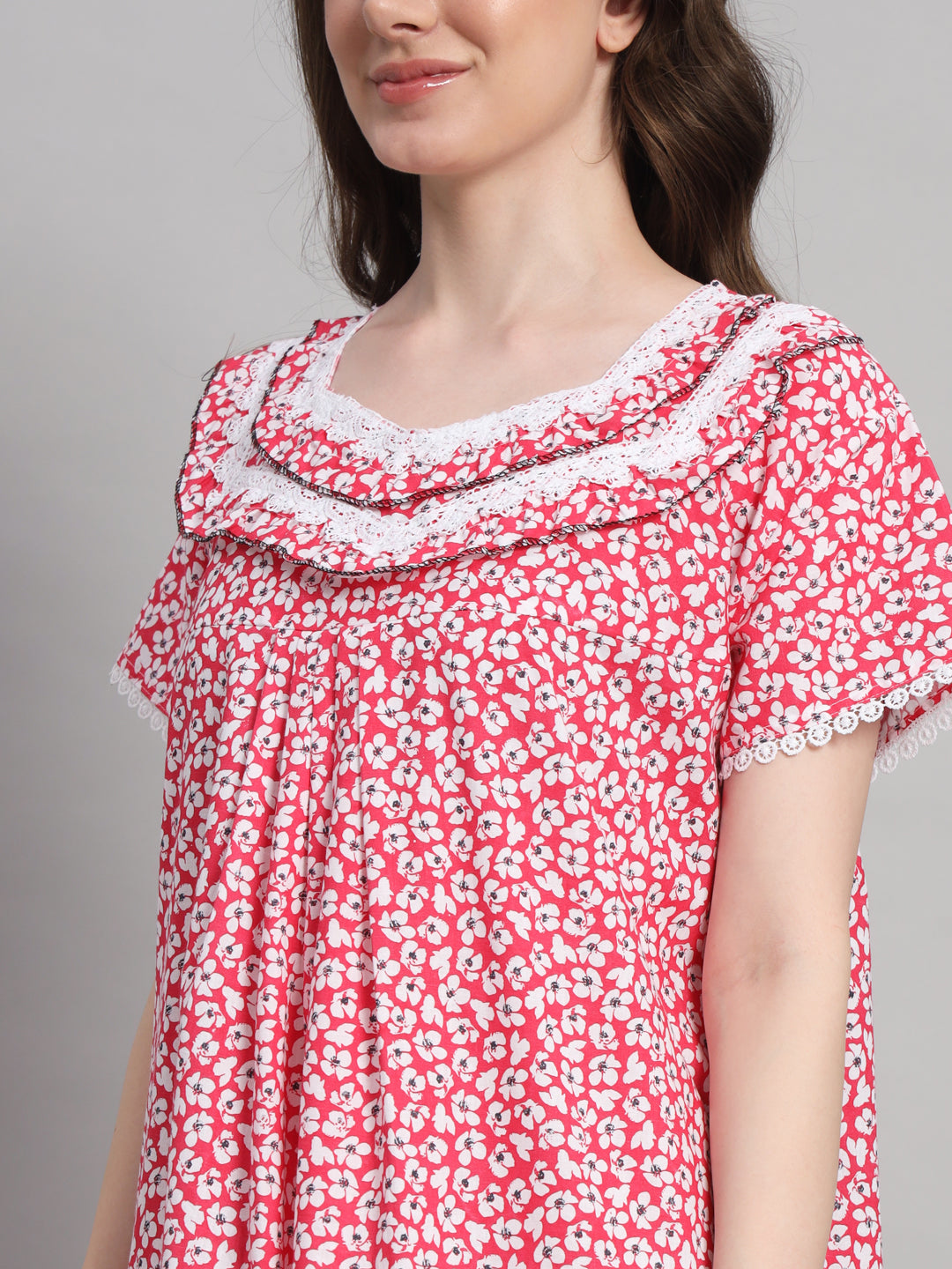 Red Floral Printed Cotton Night Gown with Lace Neck – Comfortable Maxi Nightwear for Women
