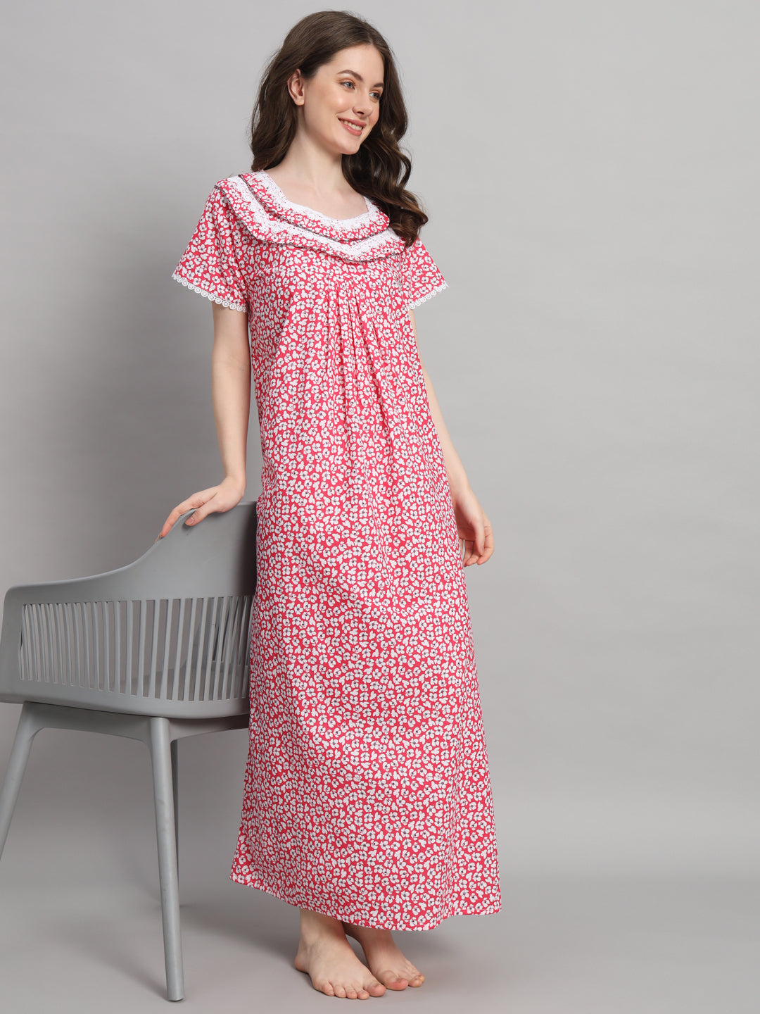 Red Floral Printed Cotton Night Gown with Lace Neck – Comfortable Maxi Nightwear for Women