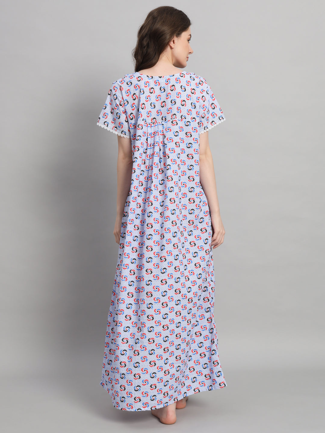 White Printed Cotton Night Gown with Lace Neck – Comfortable Maxi Nightwear for Women